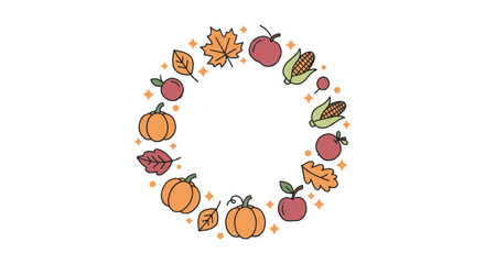 A circular illustration featuring pumpkins, apples, corn, and leaves, representing autumn and harvest.