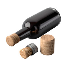 Dark glass bottle with corks isolated on transparent background, studio shot
