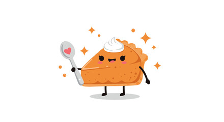 Cute cartoon pumpkin pie slice with whipped cream holding a spoon with a heart.