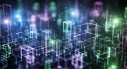 Abstract digital network of glowing geometric shapes in neon blue and green image