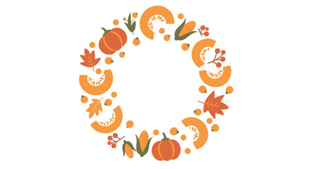 A circular wreath composed of autumn harvest elements including pumpkins, corn, berries, and leaves.