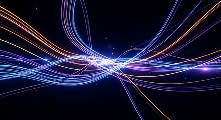 Abstract glowing neon light trails in blue purple and orange on black energy