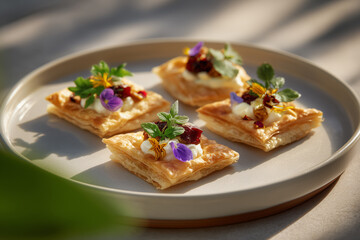 Delightful puff pastry appetizers with creamy topping, edible flowers and fresh herbs perfect for elegant catering and gourmet food presentations