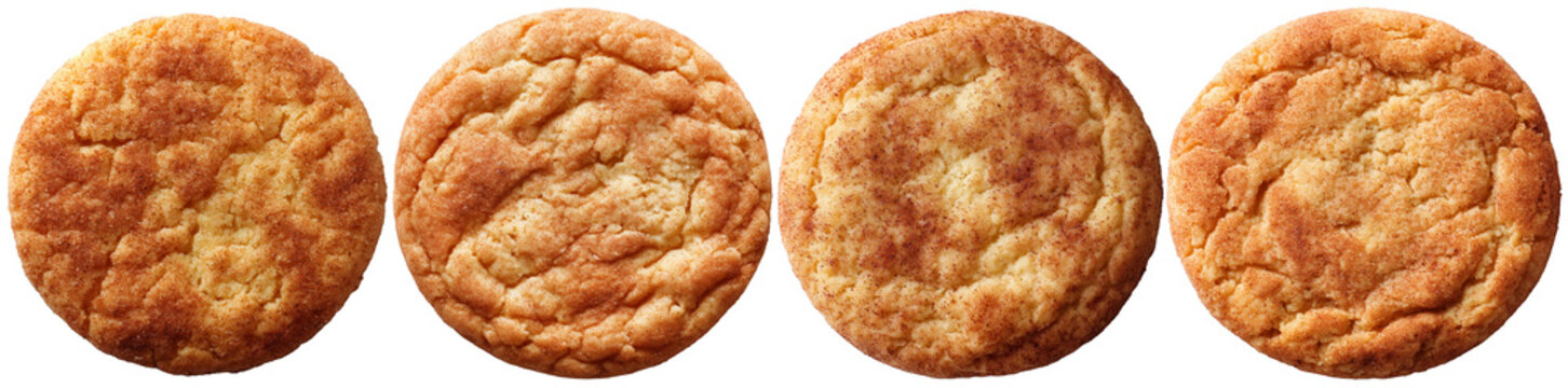 Snickerdoodle cookies isolated on white background. Close-up of homemade sugar cinnamon cookies. Concept of sweet dessert, pastry, and homemade bakery.