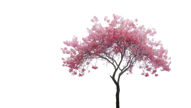 A blooming tree with pink flowers and a dark background, isolated and minimalistic
