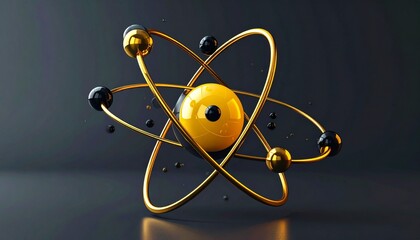 Stylized 3D atom with nucleus and orbiting electrons