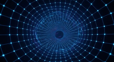 Fototapeta premium Blue digital grid tunnel with glowing points and dark center abstract background