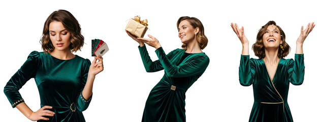 Christmas gift woman in green dress with gift cards and present, Christmas gift woman, holiday gift woman, Isolated on transparent background, png