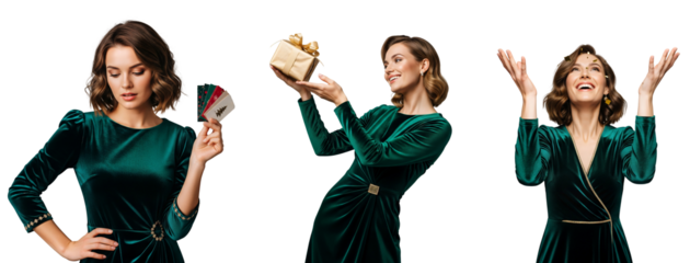 Christmas gift woman in green dress with gift cards and present, Christmas gift woman, holiday gift woman, Isolated on transparent background, png