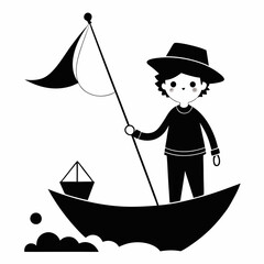 Fototapeta premium Cute cartoon boy in a hat sailing a boat with a flag and a small boat on the deck