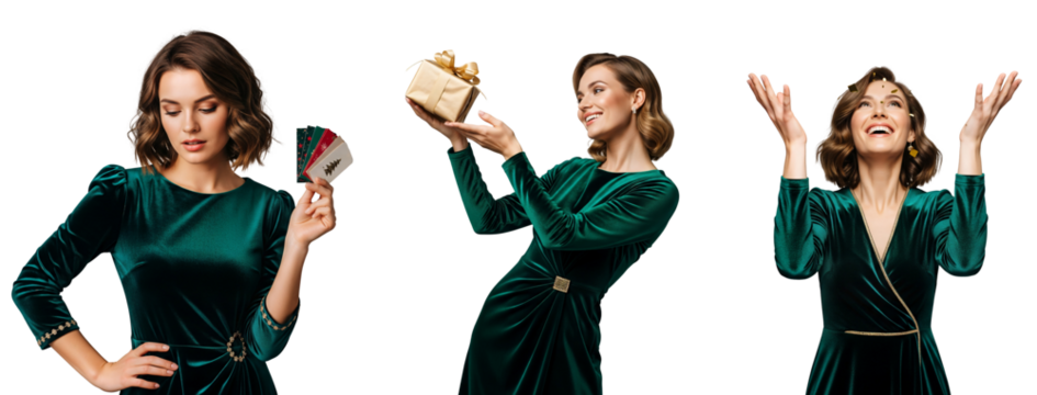 Christmas gift woman in green dress with gift cards and present, Christmas gift woman, holiday gift woman, Isolated on transparent background, png