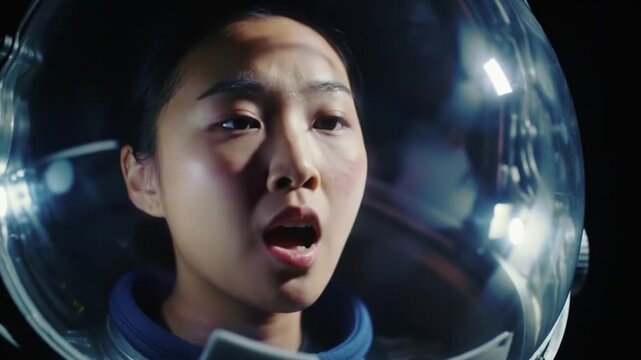 A female astronaut inside of the space helmet