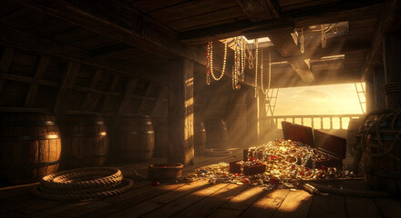 Lost Hidden Pirate Treasure at Mysterious Tropical Island with dramatic light and landscape