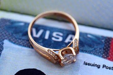 American VISA Marriage or Bride K-1 in United States of America. Gold ring with diamond. Visa for...