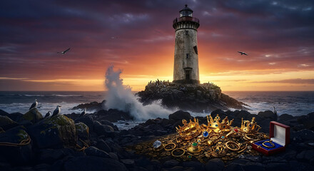 Lost Hidden Pirate Treasure at Mysterious Tropical Island with dramatic light and landscape