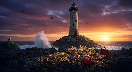 Lost Hidden Pirate Treasure at Mysterious Tropical Island with dramatic light and landscape