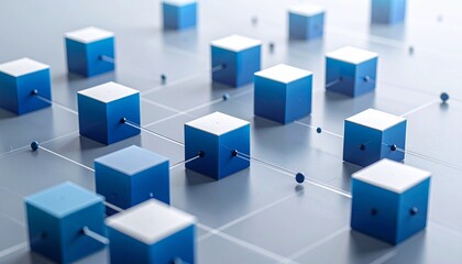 Interconnected blue and white cubes in grid pattern on beige surface.