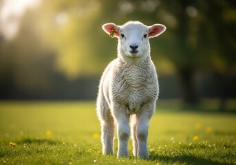 Fototapeta premium A fluffy white lamb stands in a vibrant green field under soft sunlight, looking directly at the viewer.