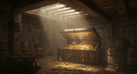 Lost Hidden Pirate Treasure at Mysterious Tropical Island with dramatic light and landscape