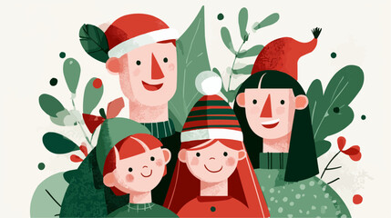 A cheerful family in Christmas hats for New Year greeting cards and holiday posters