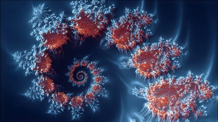 Detailed fractal spiral displays organic forms with blue and red highlights.