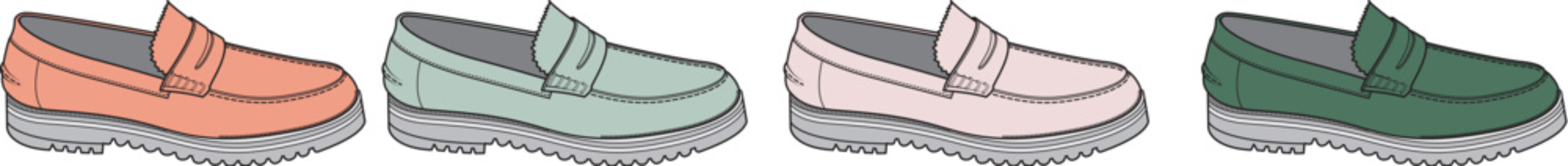 A vibrant collection of men's casual loafer shoes in multiple colors, isolated on a white background. Vector illustration of stylish footwear