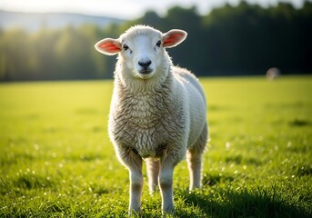 Fototapeta premium A fluffy white lamb stands in a vibrant green pasture under warm sunlight, looking directly at the viewer.
