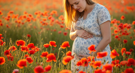 In the embrace of nature and sunset: the gentle image of a pregnant woman in a blooming poppy field, gently hugging her stomach, is a wonderful symbol of the birth of a new life, maternal love and har