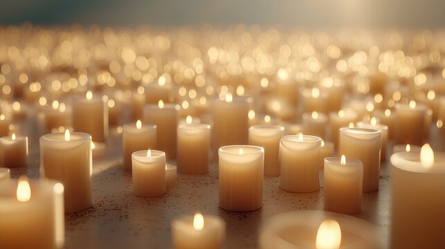 A multitude of lit candles arranged closely together. All Souls Day, Candlemas, candle background. 