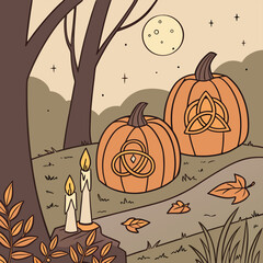 Autumnal scene with carved pumpkins and candles under a full moon