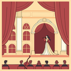 Elegant opera singer performs on stage with red curtains and audience watching