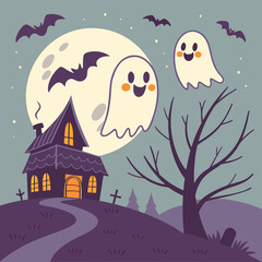 Cute halloween scene with ghosts haunted house bats and full moon