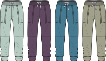 Collection of four colorful flat vector illustrations showcasing comfortable and trendy jogger pants with elastic waistbands and practical pockets, ideal for sportswear and leisure apparel designs