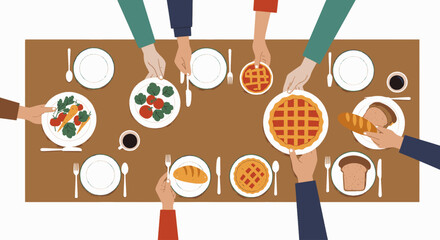 Top-down vector illustration of a group of people sharing a communal meal at a long dining table.