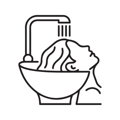 Hair washing at salon sink icon. Woman rinsing hair, beauty treatment symbol. Vector for hairdresser, shampoo, and spa services.
