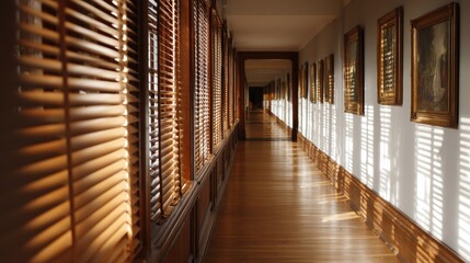 Fototapeta premium Hallway with wooden floors and walls and paintings hanging on the walls.