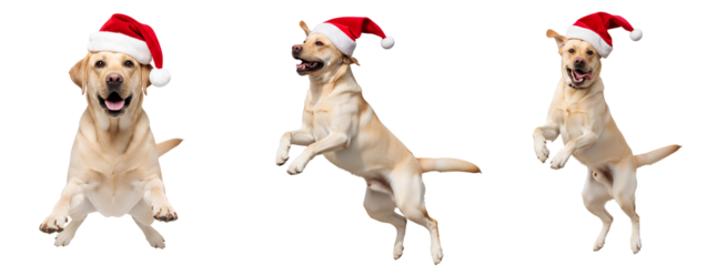 Labrador retriever dog set wearing a festive red Santa Claus hat, mid air leap PNG. Adorable Labrador retriever canine pet for Christmas isolated. Retriever with red santa hat PNG