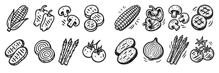 Hand-drawn vegetables collection in black and white