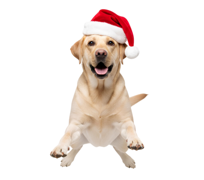 Labrador retriever dog set wearing a festive red Santa Claus hat, mid air leap PNG. Adorable Labrador retriever canine pet for Christmas isolated. Retriever with red santa hat PNG