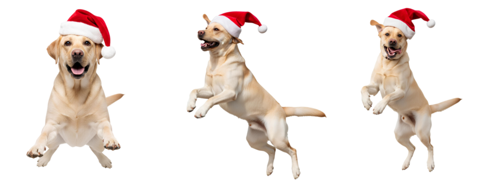 Labrador retriever dog set wearing a festive red Santa Claus hat, mid air leap PNG. Adorable Labrador retriever canine pet for Christmas isolated. Retriever with red santa hat PNG