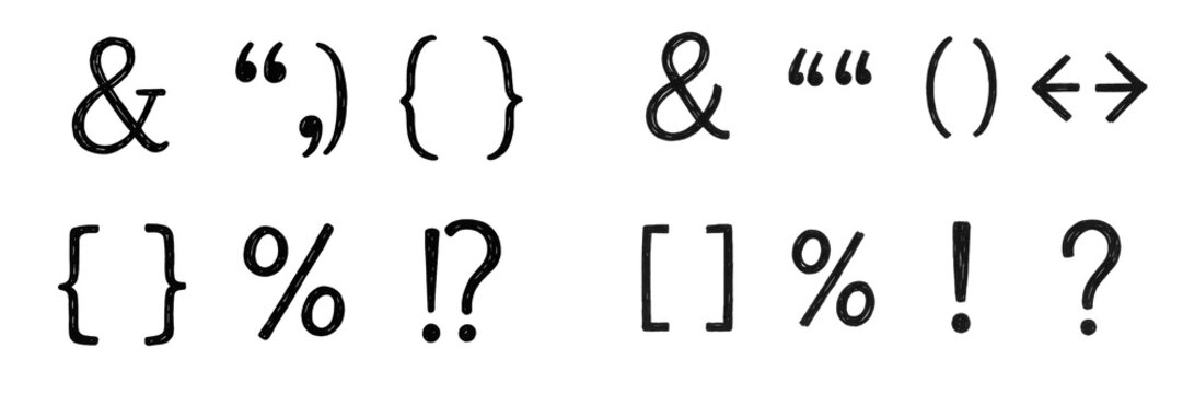 Hand-drawn symbols and punctuation marks set