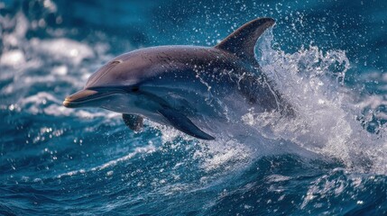 A dolphin leaps from the water, creating a splash in the ocean environment.