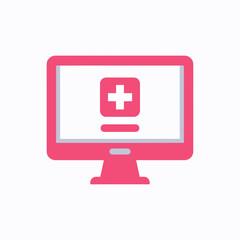 Obraz premium Modern digital healthcare monitor icon for online medical consultations and virtual health services. Telemedicine symbol representing remote patient support and accessible healthcare technology