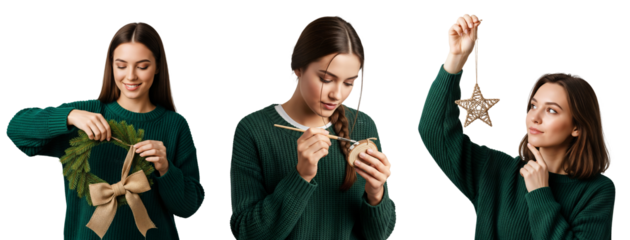 Christmas DIY craft woman making wreath and ornaments, Christmas craft woman, holiday craft woman, Isolated on transparent background, png