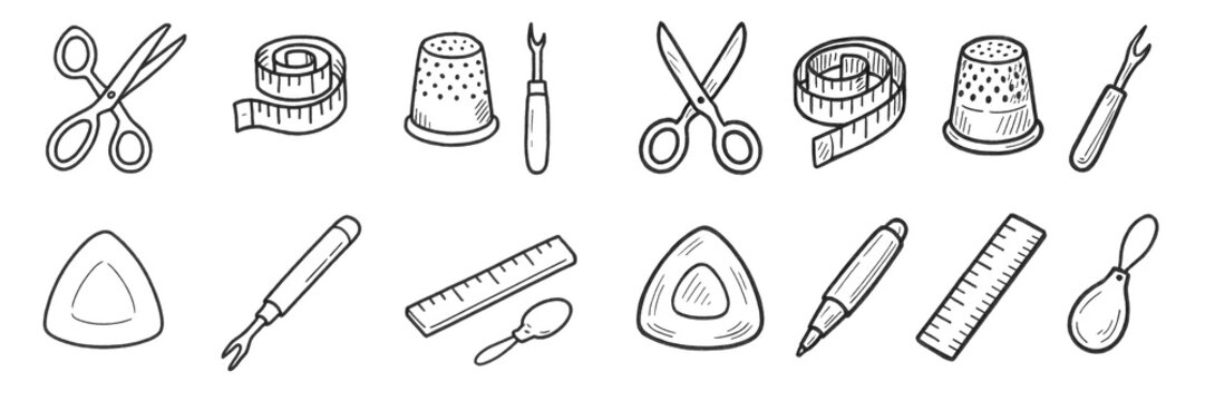 Sewing tools sketches: scissors, thimble, tape measure - Powered by Adobe