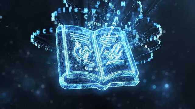 青く輝くホログラムブックが象徴するデジタル知識の世界