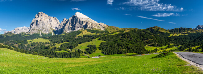 panoramic view on Sassolungo in Seiser Alm in Dolomites in Italy