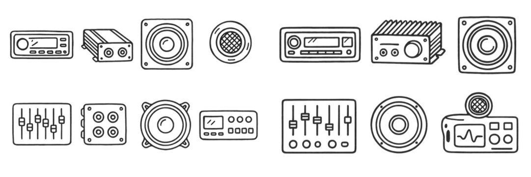 Hand-drawn audio equipment icons collection