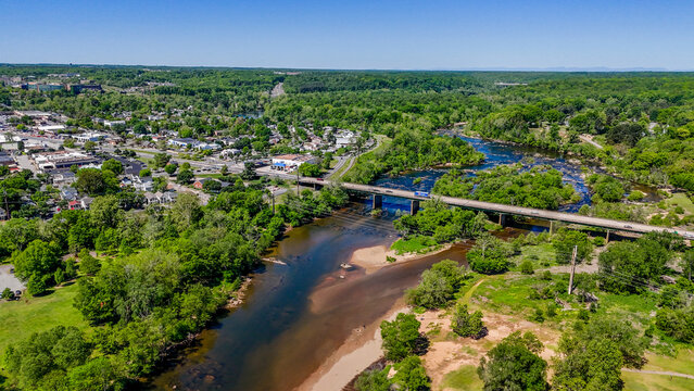 Aerial landscape of Rappahannock River during summer in Fredericksburg city in Virginia
