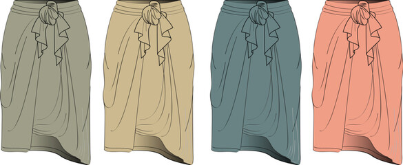 Collection of stylish high-waisted midi skirts with an asymmetrical hem and front ruffle. Vector fashion illustration template for apparel design